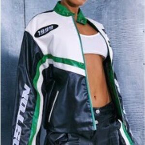 PrettyLittleThing Black, White, and Green Varsity Jacket